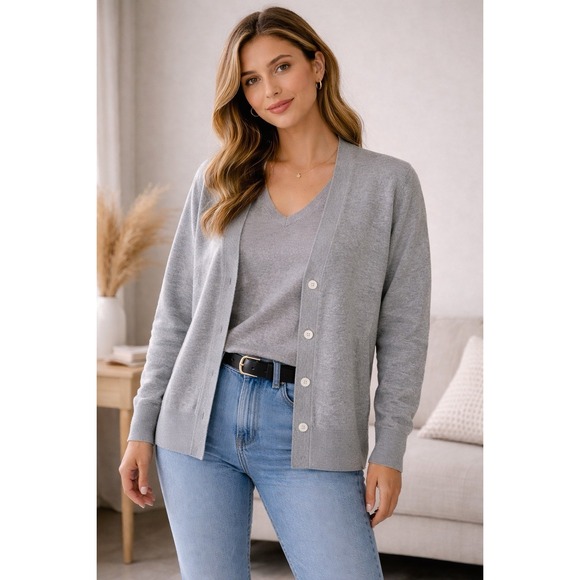 Quince Sweaters - QUINCE Lightweight Cotton Cashmere Cardigan Sweater Set Gray Womens M Minimalist